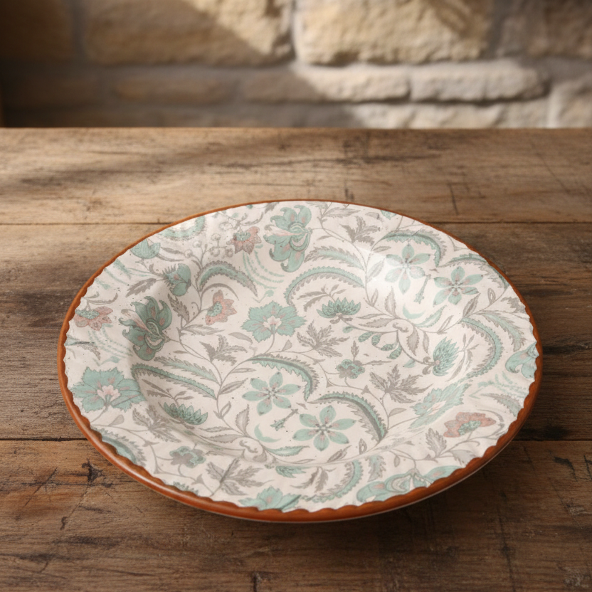 Green Flower Pasta Plate - 9 Inch