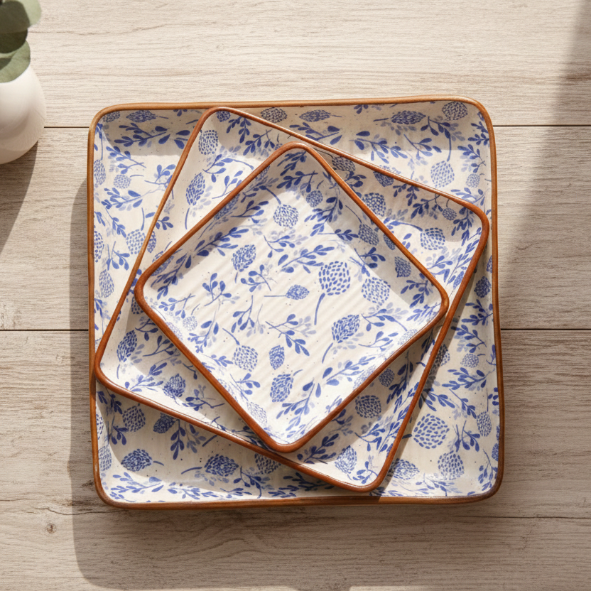 Blue Floral Platter Set of 3 - 4X6X8 Inch