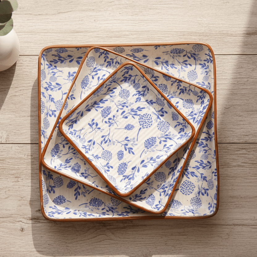 Blue Floral Platter Set of 3 - 4X6X8 Inch