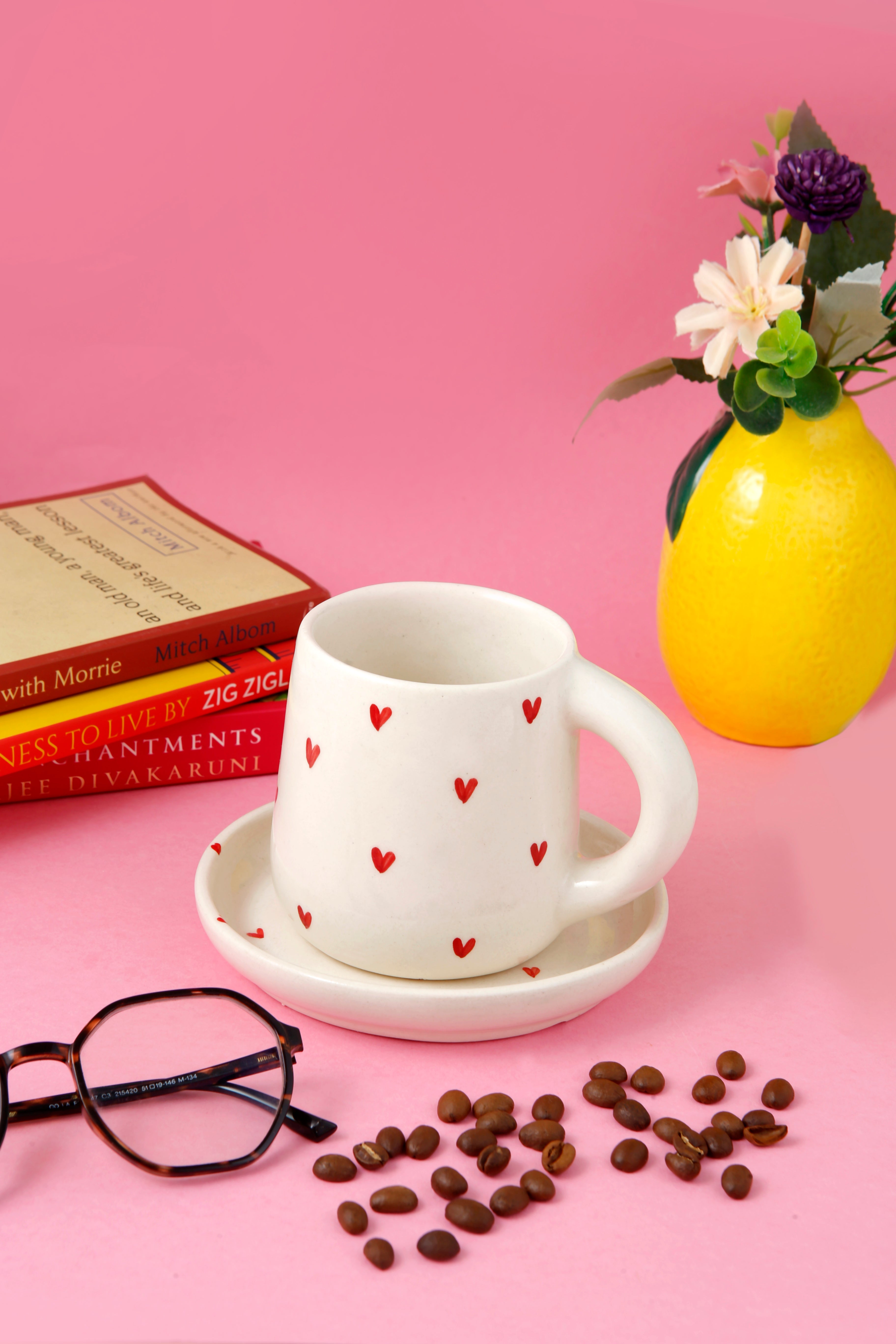 Long Red Heart Mug and Dessert Plate - 250ML & 5 Inch