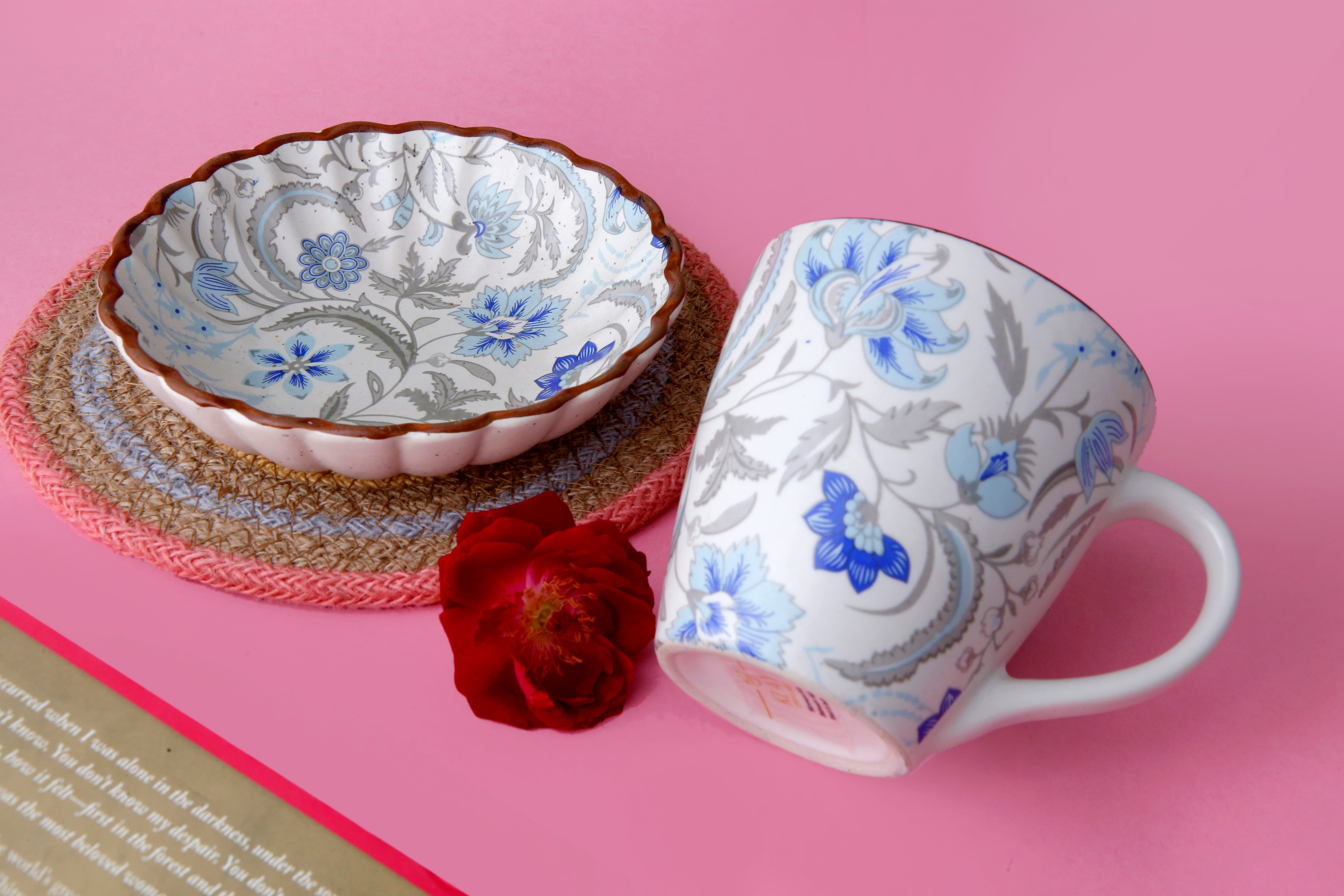 Blue Flower Mug & Blue Flower Chaat Plate - 250ML & 5.5 Inch