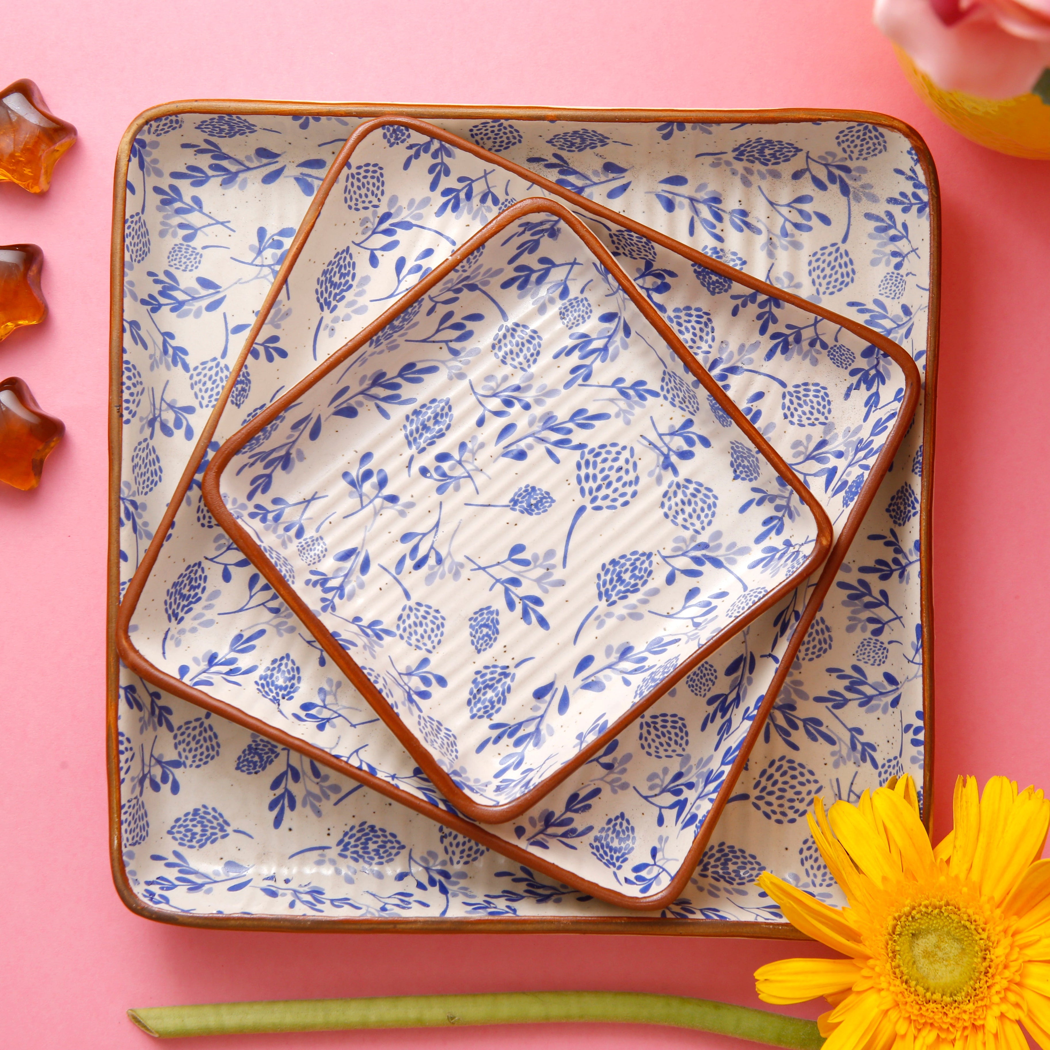 Blue Floral Platter Set of 3 - 4X6X8 Inch
