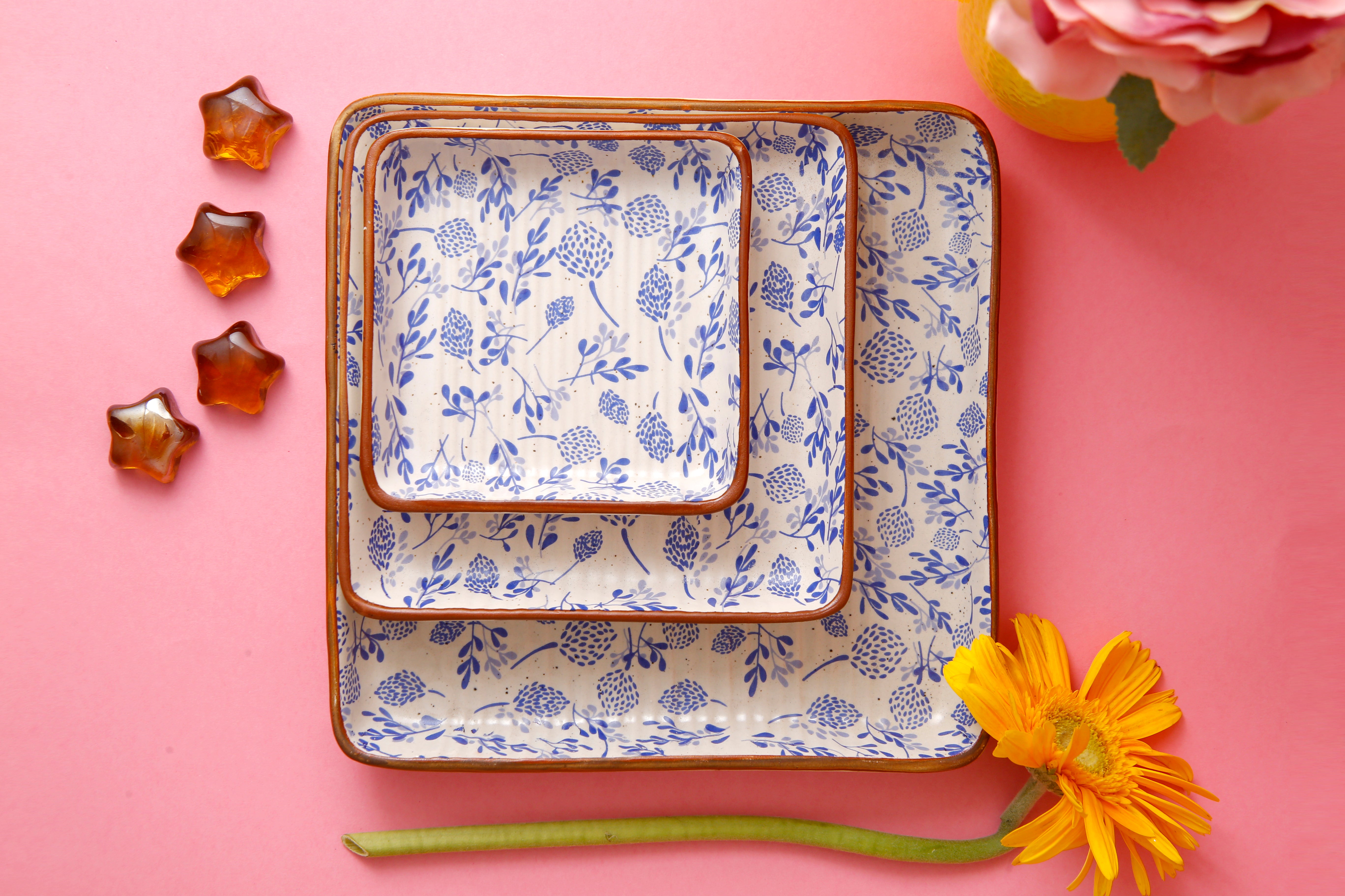 Blue Floral Platter Set of 3 - 4X6X8 Inch