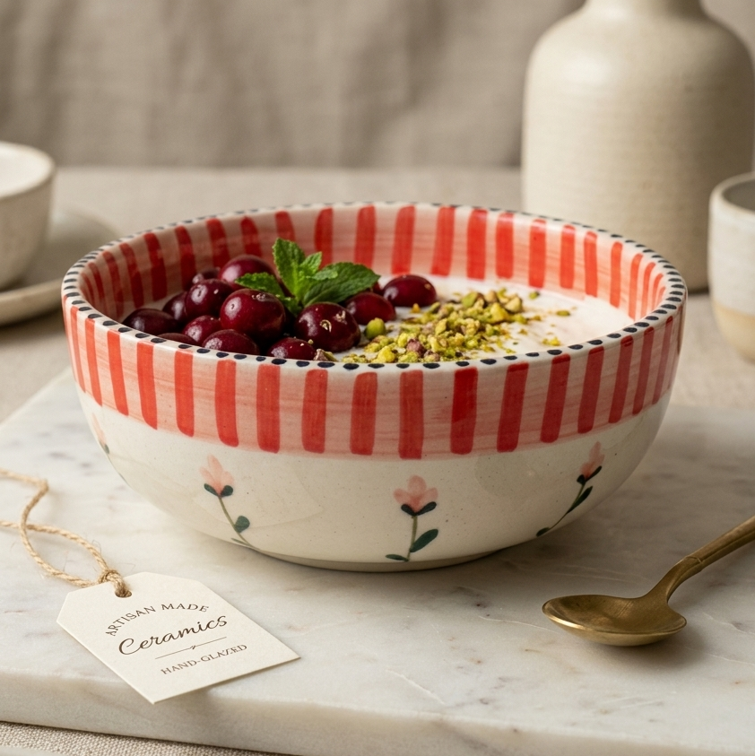 Stripes & Flower Fruit Bowl - 5 Inch