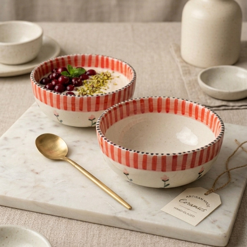 Stripes & Flower Fruit Bowl - 5 Inch (Set of 2)