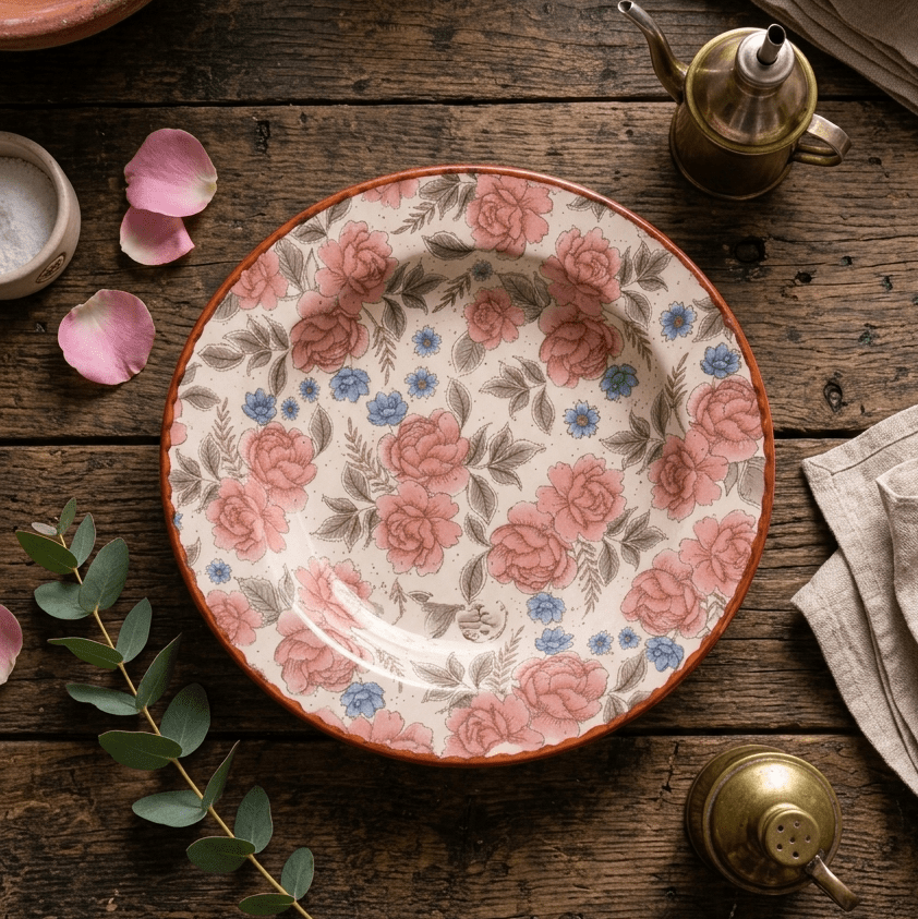Pink Flower Pasta Plate - 9 Inch