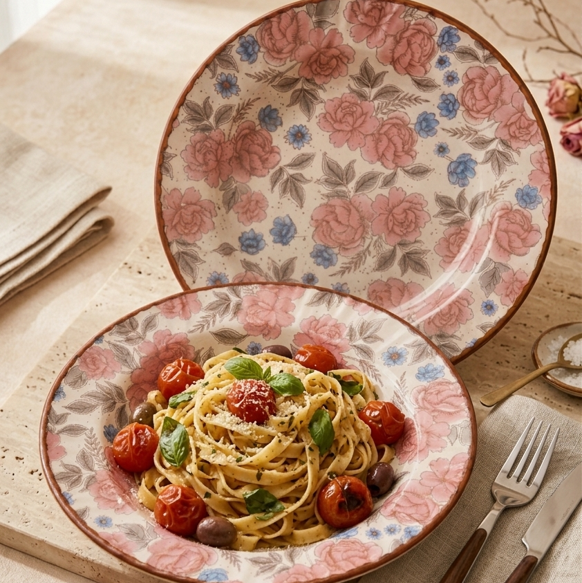 Pink Flower Pasta Plate - 9 Inch (Set of 2)