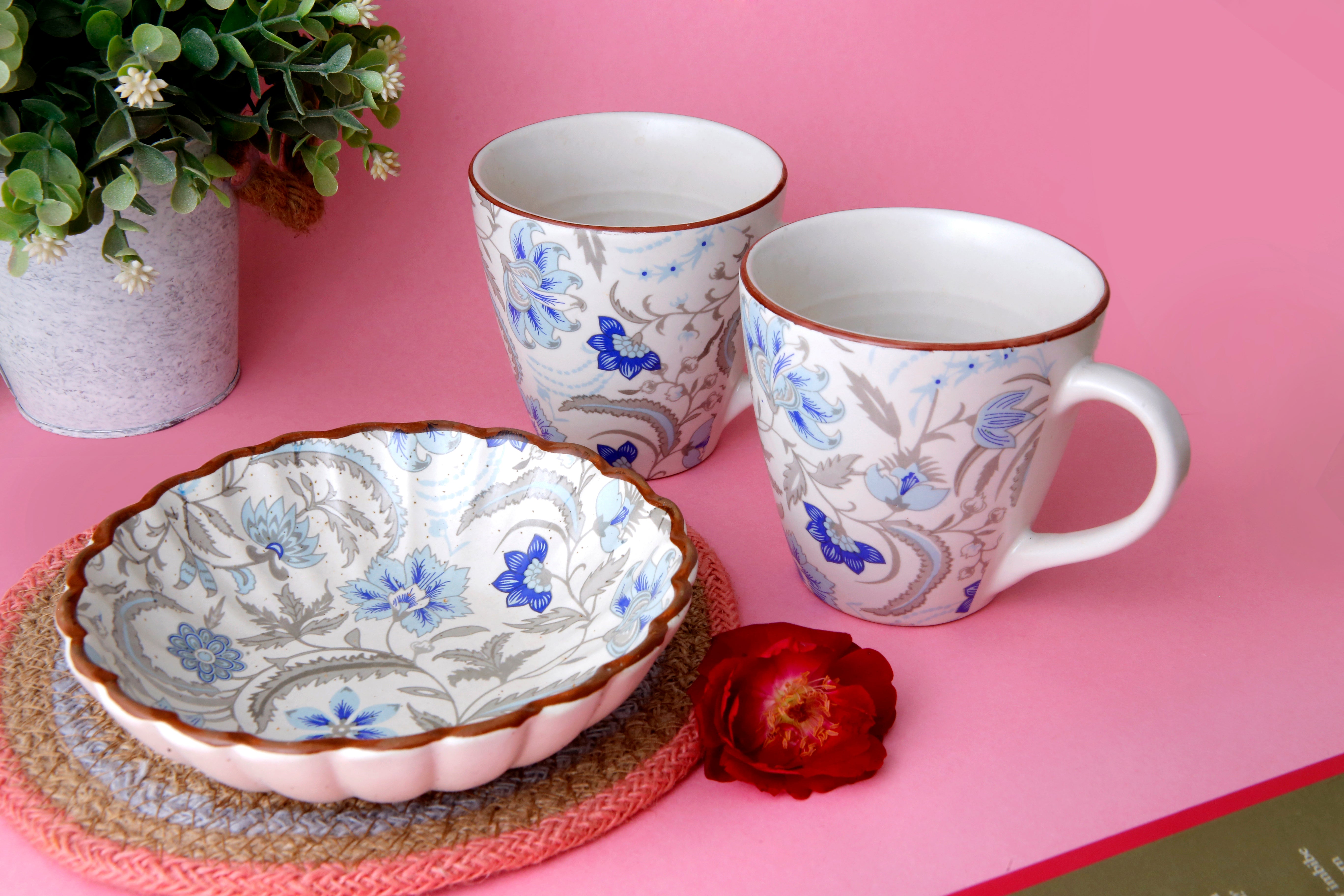 Blue Flower Mug & Blue Flower Chaat Plate - 250ML & 5.5 Inch
