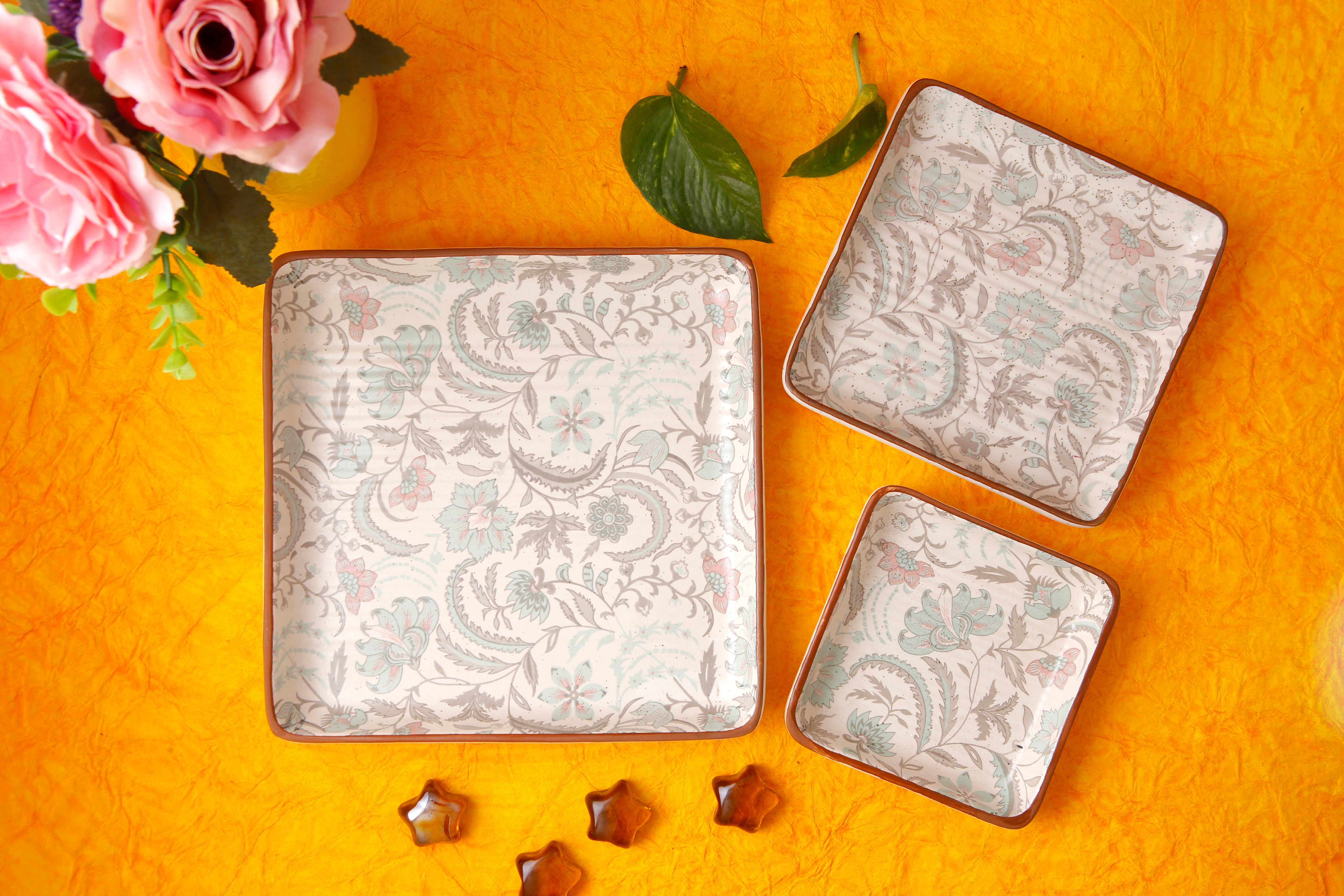 Green Flower Platter Set of 3 - 4X6X8 Inch