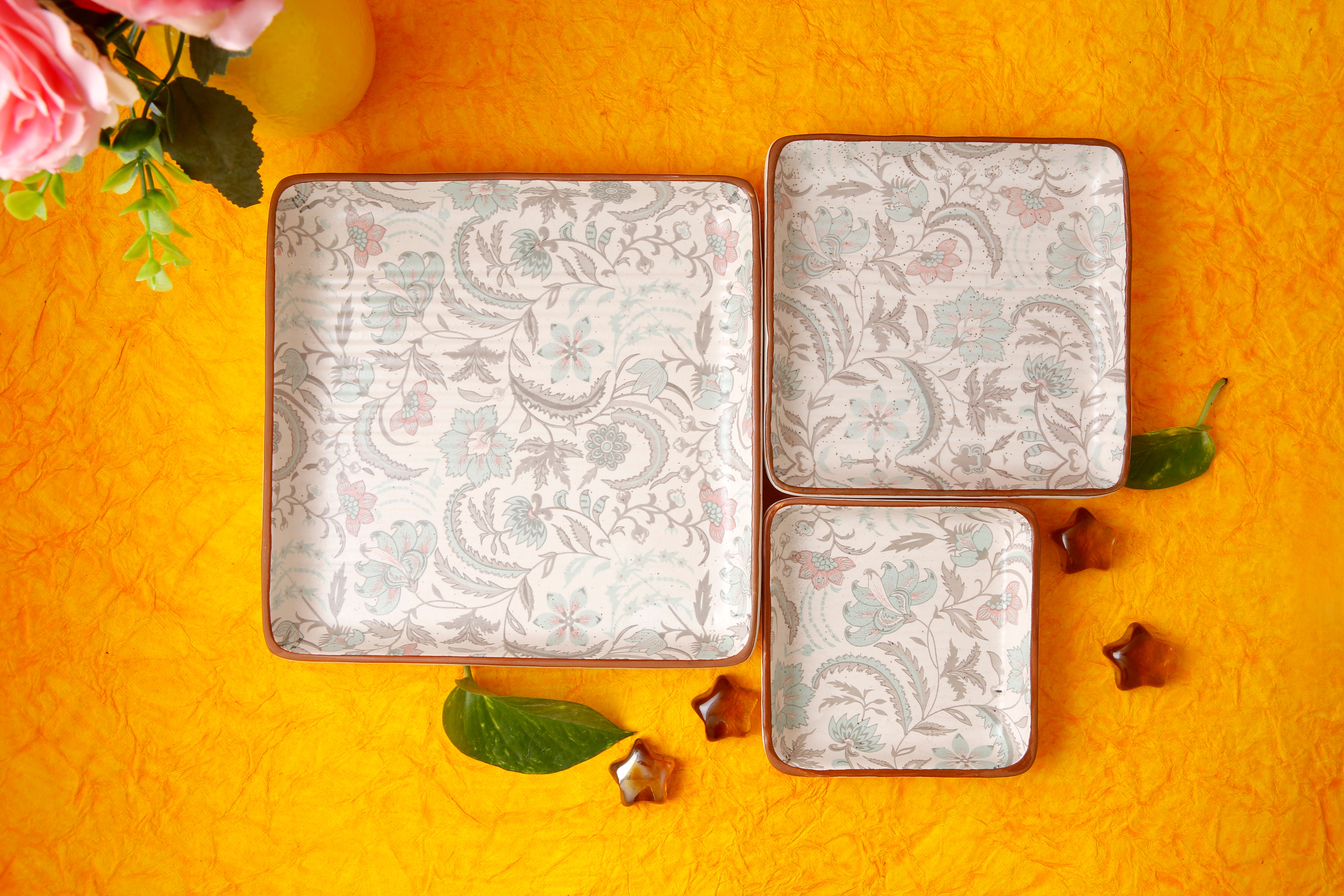 Green Flower Platter Set of 3 - 4X6X8 Inch