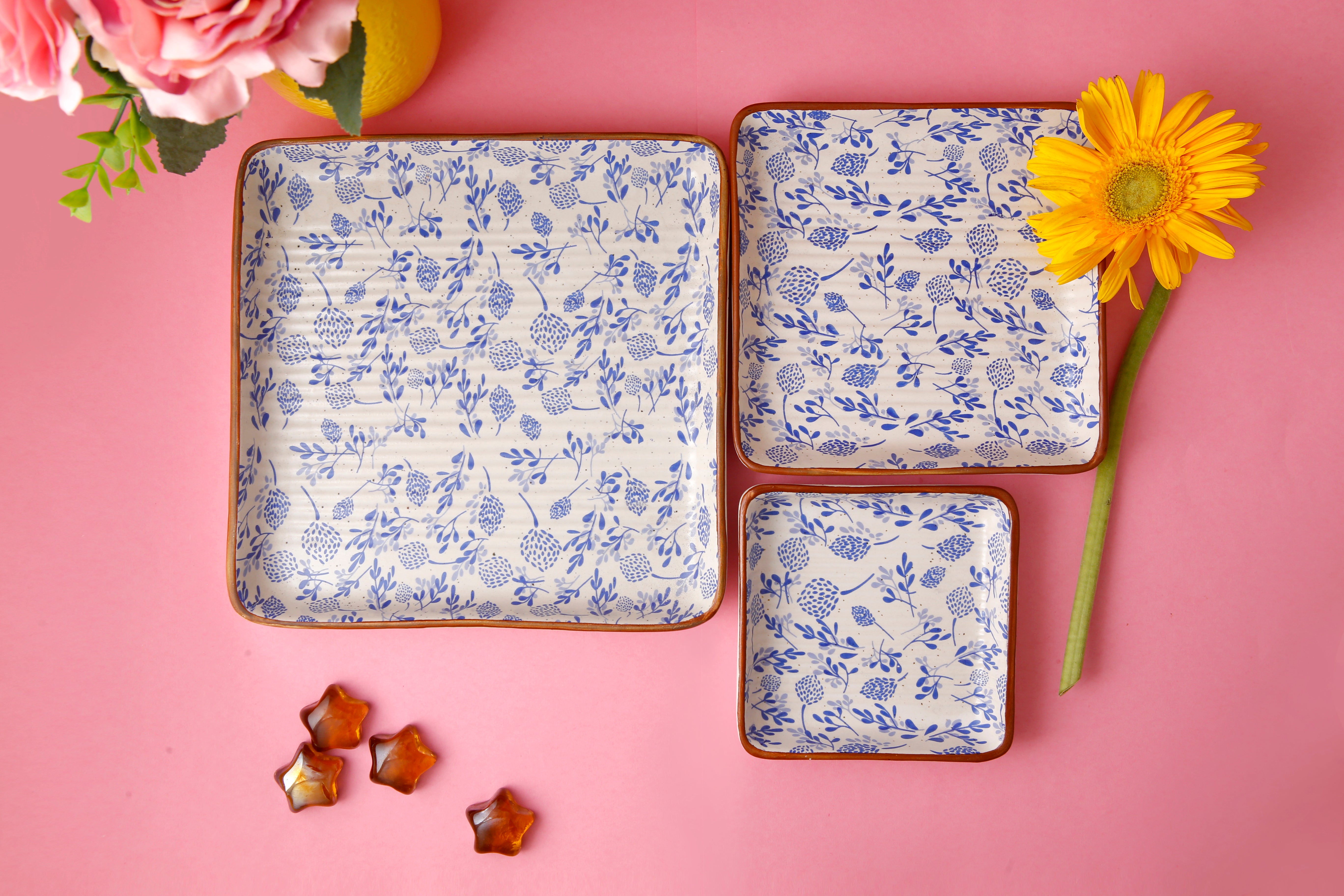 Blue Floral Platter Set of 3 - 4X6X8 Inch
